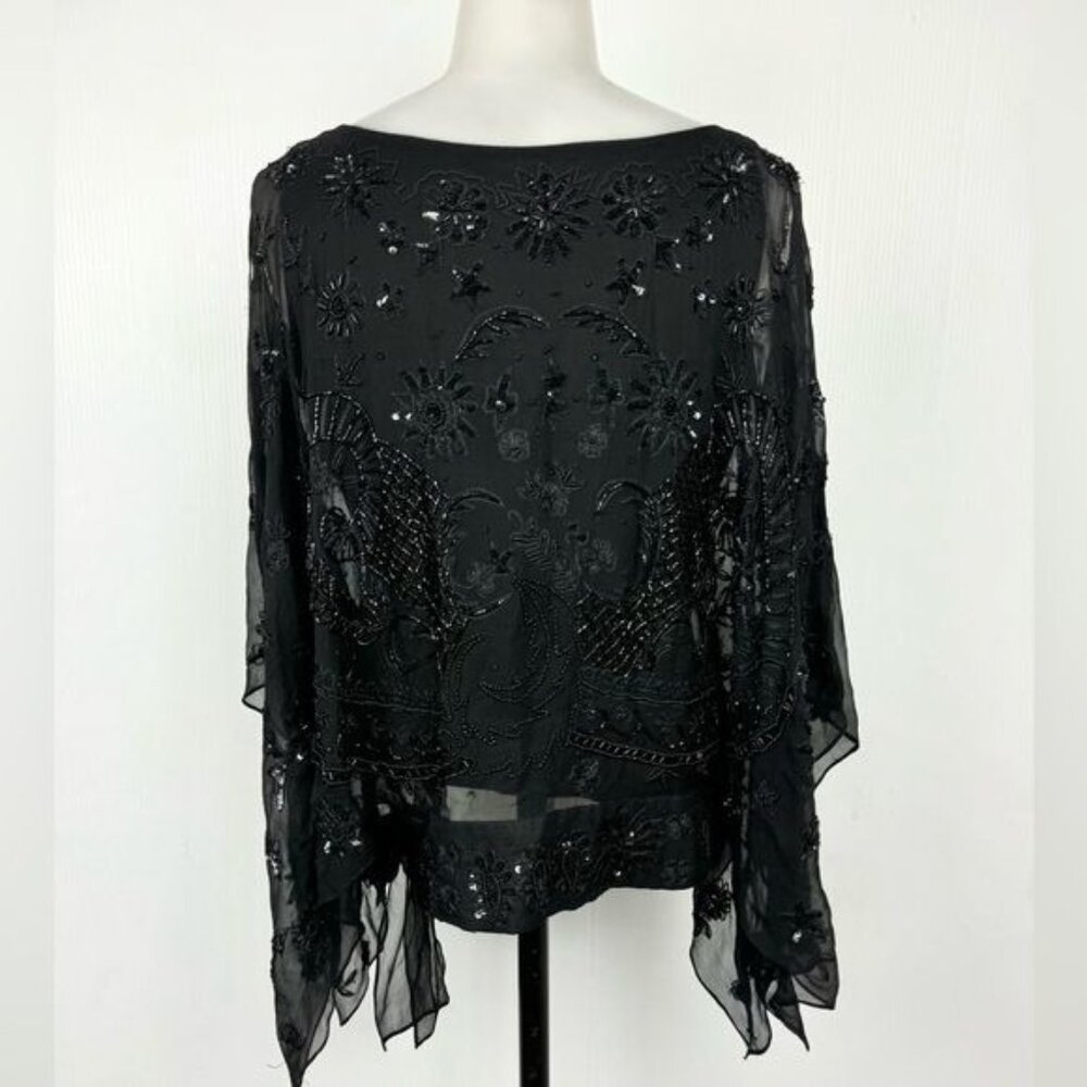 Pure silk sequined and beaded blouse Tie-side Embellished Sheer Black Blouse S - Picture 3 of 13